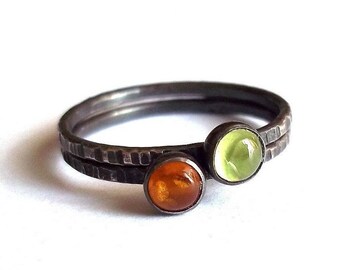 Apples and Honey Tiny Stacking Set - Sterling and Fine Silver - Dainty Gemstone Stackers - Amber and Peridot