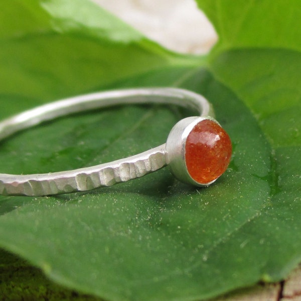 Tiny Stacking Ring - Brilliant Orange Sunstone - Rustic Grooved and Blackened Dainty Band - Sterling and Fine Silver