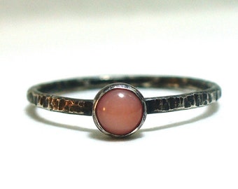 Tiny Pink Coral - Blackened, Rustic, Dainty Stacking Ring - Fine and Sterling Silver