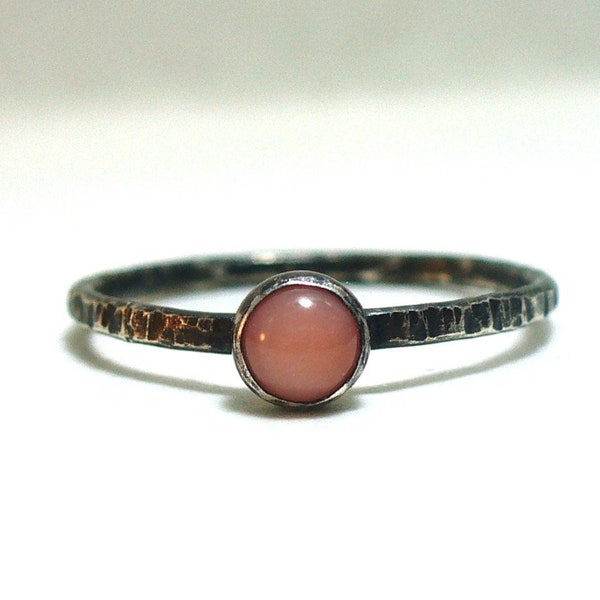 Tiny Pink Coral - Blackened, Rustic, Dainty Stacking Ring - Fine and Sterling Silver