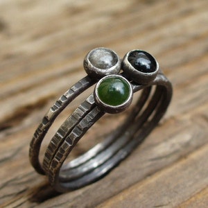 Fog Magic Tiny Stacking Ring Trio set Sterling and Fine Silver Black Onyx, Silver Obsidian, Emerald Green Jade image 1