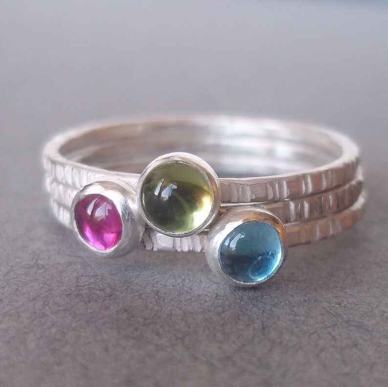 August. July. December. Tiny Stacking Ring Trio set Sterling and Fine Silver Mother's Day Birthstone Stackers image 1