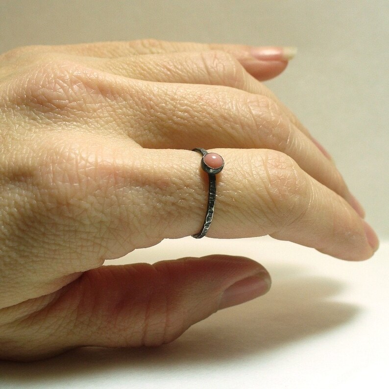 Tiny Pink Coral Blackened, Rustic, Dainty Stacking Ring Fine and Sterling Silver image 2
