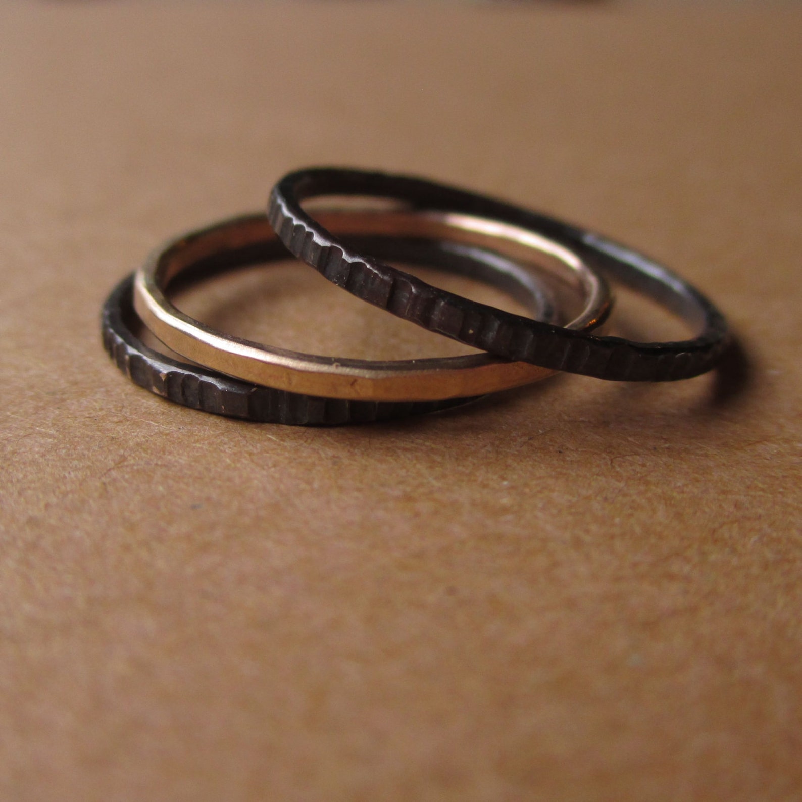 Black and Gold - Tiny Stoneless Stackers - Set of 2 Sterling Silver ...