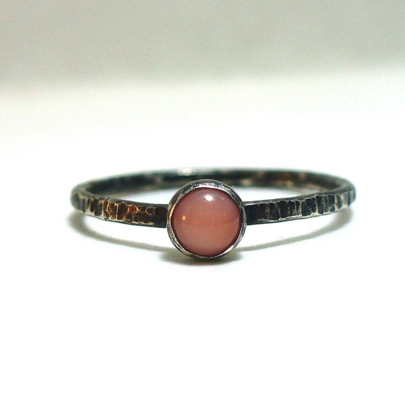 Tiny Pink Coral Blackened, Rustic, Dainty Stacking Ring Fine and Sterling Silver image 1