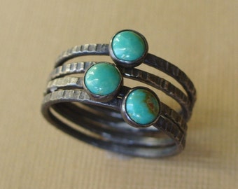 Turquoise Sky - Tiny Stacking Set - 3 Turquoise Rings, 1 Stoneless Ring - Sterling and Fine silver