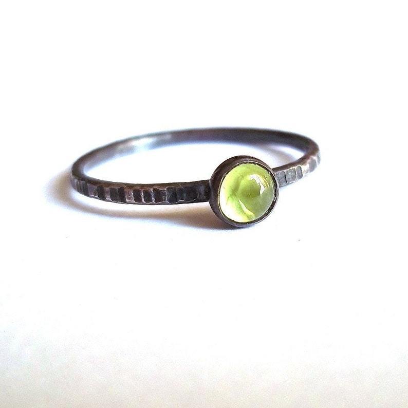 Tiny Green Apple Dainty Peridot and Sterling Silver Rustic Stacking Ring image 1