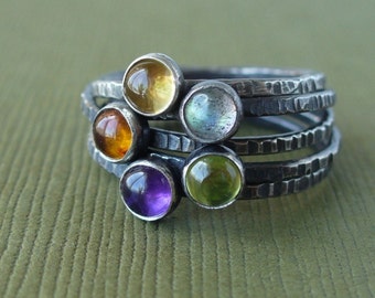 Pick 5 - Tiny Stacking Rings - Mother's Rings - Your choice of birthstones - Also available in shiny or matte sterling silver