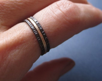 Black and Gold - Tiny Stoneless Stackers - Set of 2 Sterling Silver Stacking Rings and 1 Gold-Fill Stacker