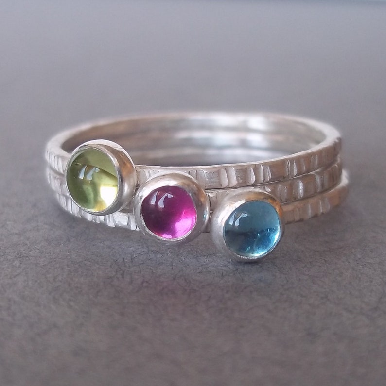 August. July. December. Tiny Stacking Ring Trio set Sterling and Fine Silver Mother's Day Birthstone Stackers image 2