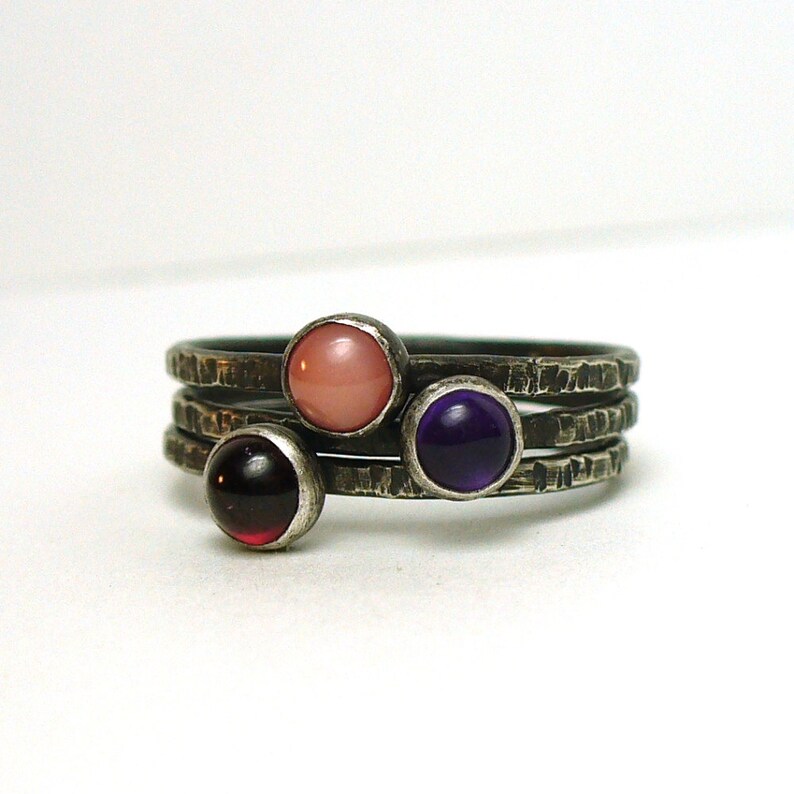 Tiny Gemstone Stackers Dainty Garnet, Amethyst, Pink Coral and Sterling Silver Rustic Stacking Rings image 2