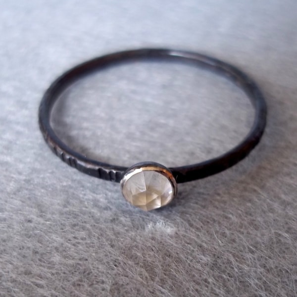 Tiny Stacking Ring - Rose Cut Clear Quartz - Rustic Grooved and Blackened Dainty Band - Sterling and Fine Silver