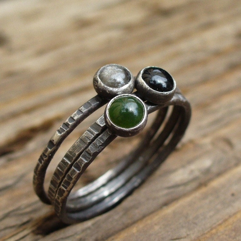 Fog Magic Tiny Stacking Ring Trio set Sterling and Fine Silver Black Onyx, Silver Obsidian, Emerald Green Jade image 1