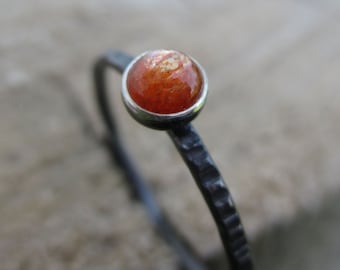 Tiny Stacking Ring - Brilliant Orange Sunstone - Rustic Grooved and Blackened Dainty Band - Sterling and Fine Silver