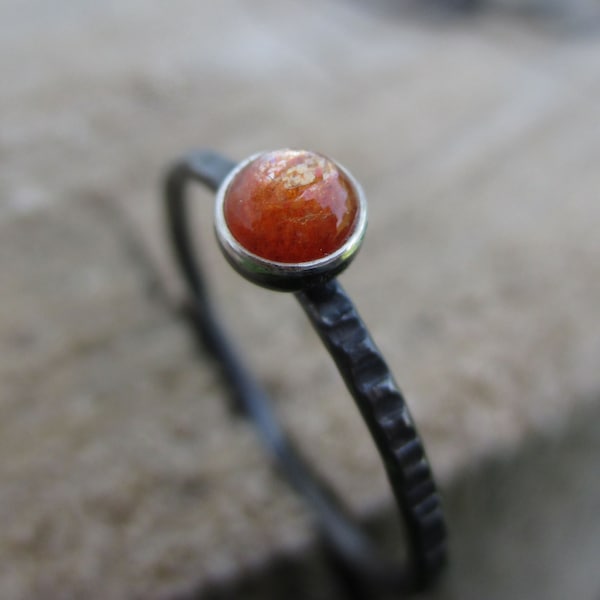 Tiny Stacking Ring - Brilliant Orange Sunstone - Rustic Grooved and Blackened Dainty Band - Sterling and Fine Silver