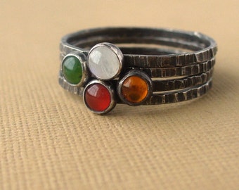 Irish Sunset - Dainty Gemstone Stacking Set of 4 rings - Also available in shiny or matte finish - sterling silver