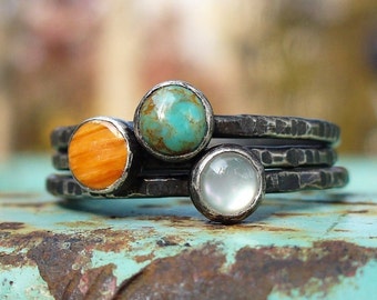 Tres Stacking Rings...    Turquoise - Spiny Oyster - Mother of Pearl