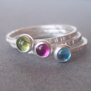 August. July. December. Tiny Stacking Ring Trio set Sterling and Fine Silver Mother's Day Birthstone Stackers image 3