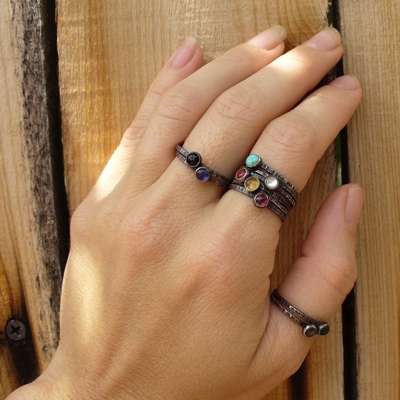 Tiny Gemstone Stackers Dainty Garnet, Amethyst, Pink Coral and Sterling Silver Rustic Stacking Rings image 3