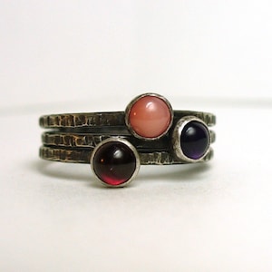 Tiny Gemstone Stackers Dainty Garnet, Amethyst, Pink Coral and Sterling Silver Rustic Stacking Rings image 1