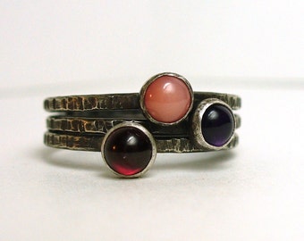 Tiny Gemstone Stackers - Dainty Garnet, Amethyst, Pink Coral and Sterling Silver Rustic Stacking Rings