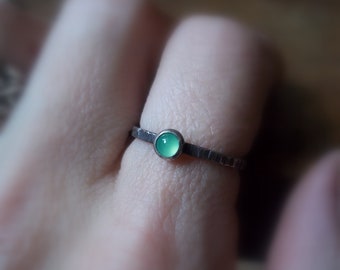 Thicker Band - Tiny Stacking Ring- Brilliant Emerald Green Chrysoprase - Sterling and Fine Silver - Gemstone Stacker - Dainty