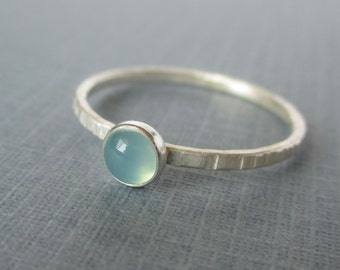 Aqua Blue Chalcedony Ring - Dainty Sterling and Fine Silver Stacker -  Mothers Stacking Rings - Rustic