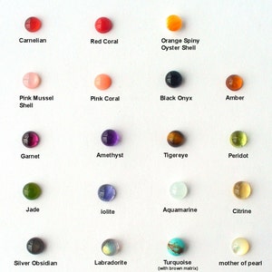 May include: A chart of 15 different gemstones and shells, including carnelian, red coral, orange spiny oyster shell, pink mussel shell, pink coral, black onyx, amber, garnet, amethyst, tiger eye, peridot, jade, iolite, aquamarine, citrine, silver obsidian, labradorite, turquoise, and mother of pearl.
