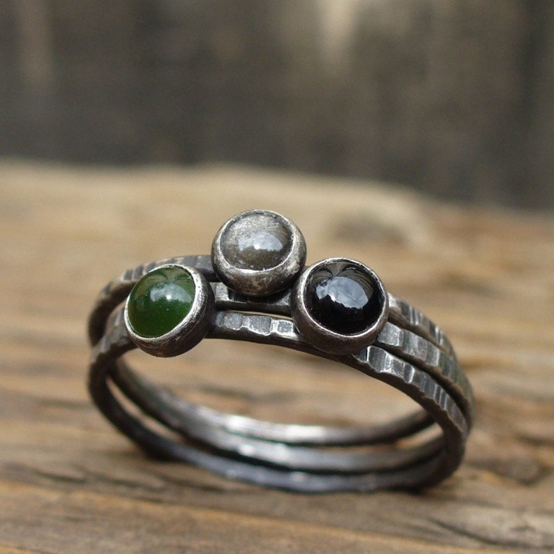 Fog Magic Tiny Stacking Ring Trio set Sterling and Fine Silver Black Onyx, Silver Obsidian, Emerald Green Jade image 3