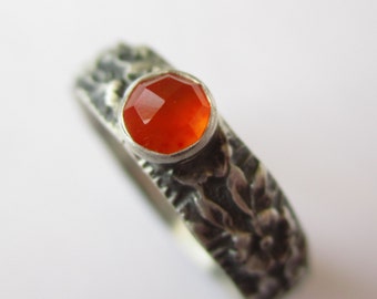 Flower Garden - Rose Cut Carnelian - Fine and Sterling Silver Ring -RED/Orange glowing stone - Size 5.5