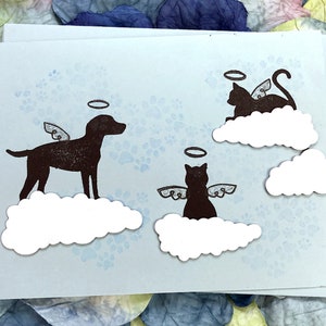 Perdita dell'amico peloso con 4 nuvole di auguri, bigliettino, simpatia, cura, perdita, cane, gatto, angeli, amicizia, cucciolo, gattino - 5,5" x 4,25"