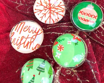 5 Merry Christmas Magnet Set, Happy Holidays, Snowflake, Ornament, Festive, Secret Santa, Office Party, Kitchen, Locker, Upcycle, - 1" dia