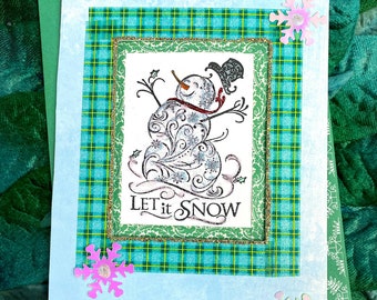 Let it Snow, Snowman Greeting Card, Window Card, Winter, Christmas, Holiday, New Year, Sparkle, Plaid, Snowflakes, Cheerful - 4.75" x 6.75"