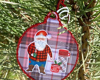 Buffalo Plaid Coffee Santa Flat Bulb Ornament, Lumberjack, Thermos, Time Off, Hunter, Camper, Holiday, Christmas, Celebrate, Winter -3"x3.5"