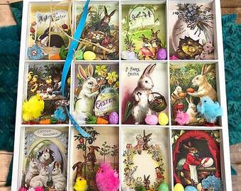 Sweet Vintage Style Easter Shadow Box, Home Decor, Spring, Easter Bunny, Chicks, Carrots, Easter Eggs, Flowers, Fun, Decorate -12.25" Square