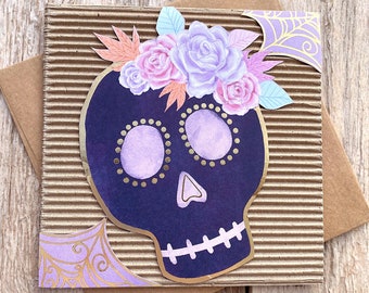 Floral Skull Note Card, Tradition, Mexico, Día de los Muertos, Remember, Loved Ones, New Life, Eternal, Beauty, Colorful, Shine -5.5" square