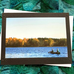 Biglietto di auguri fotografico vuoto con coppia in canoa, autunno, vacanza, Minnesota settentrionale, lago Moose, tranquillo, canoa, amore - 6,875" x 5,25"