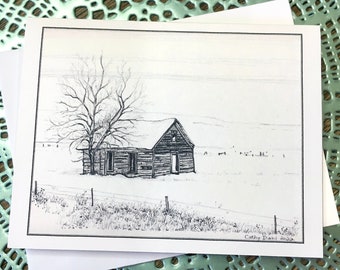Forgotten Building in Winter Note Card, Blank, Original Sketch, Country, Ranch, Farm, Snow, Old, Tree, Fence, Old Days, Past - 5.5" x 4.25"