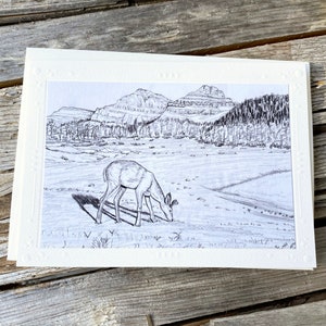 Carte de correspondance impression illustration originale cerf, parc national des Glaciers, nature, montagnes, à encadrer, à l'extérieur, beaux-arts - 7" x 5