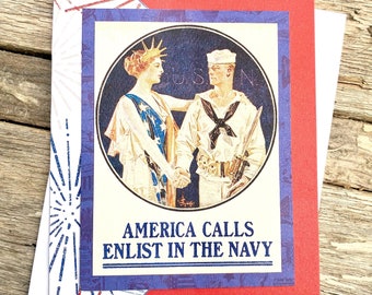 America Calls Enlist in the Navy Note Card, Sailor, WWI, USA, Vintage, Anchors Aweigh, 1917, Service, Patriotic, Veteran, Proud - 4.25"x5.5"