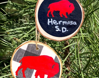 Hermosa, SD Buffalo Ornament, Christmas, Decor, Home, Office, Bison, Gift Idea, Wood Slice, Decoupage, South Dakota, SoDak - 3.5" Diameter