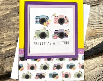 Pretty as a Picture, Camera Themed Note Card, Photographer, Multi Color, Sweet Sixteen, Graduation, Bridal Shower, Quinceañera -4.25" x 5.5"