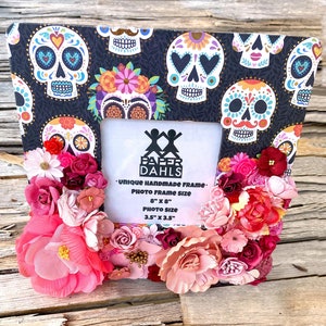 Day of the Dead 8&quot; x 8&quot; Decoupaged Wood Frame, Dia De Los Muertos, Sugar Skull, All Saints Day, Calaca, Mexico, Honor -for 3.5&quot; x 3.5&quot; Photo