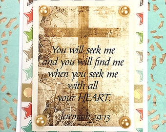 You Will Seek Me and You Will Find Me Note Card, Jeremiah 29:13 , Religious, Believe, Love, Friend, Stars, Flourishes, God, Cross -4" x 5.5"