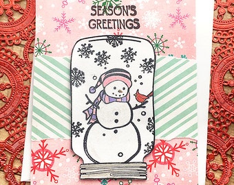 Season's Greetings Shimmer Snowman with Cardinal Note Card, Snow Globe, Mason Jar, Snowflakes, Blank Inside, Happy Holidays, Joy -4" x 5.5"