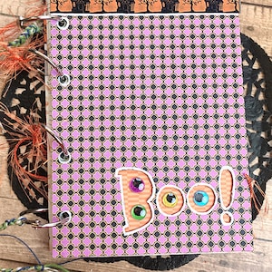 Boo Goggly-Eyes Halloween Pre-Made Scrapbook, Journal, Photo Album, October 31, Brag Book, Music Paper, Black Cat, 4-Ring Notebook - 5&quot; x 7&quot;