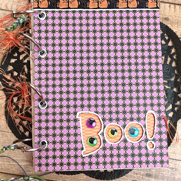 Boo Goggly-Eyes Halloween Pre-Made Scrapbook, Journal, Photo Album, October 31, Brag Book, Music Paper, Black Cat, 4-Ring Notebook - 5" x 7"