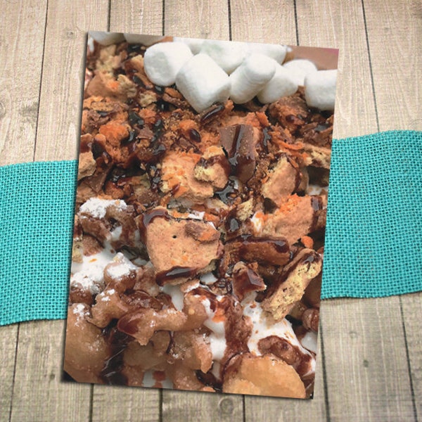 Yummy S'mores Funnel Cake Dessert Fine Art Postcard, Chocolate, Graham Crackers, Marshmallow, Tradition, Delicious, Fun, Treat -5.75"x4.125"