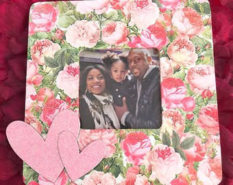 Hearts & Flowers 8" x 8" Decoupage Wood Frame, Love, Family, Friend, Anniversary, Happy, Gift, Mother, Engagement, Baby - 3.5" x 3.5" Photo