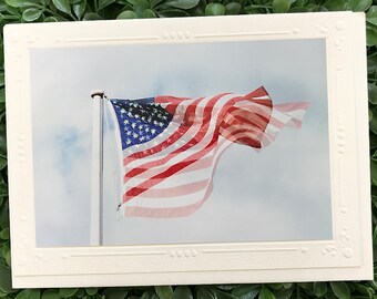 Glitter Accent Free Flying Flag Stars Accent Fine Art Photography Card, Veteran, USA, 4th of July, Freedom, Thank Military, Sparkle- 7" x 5"